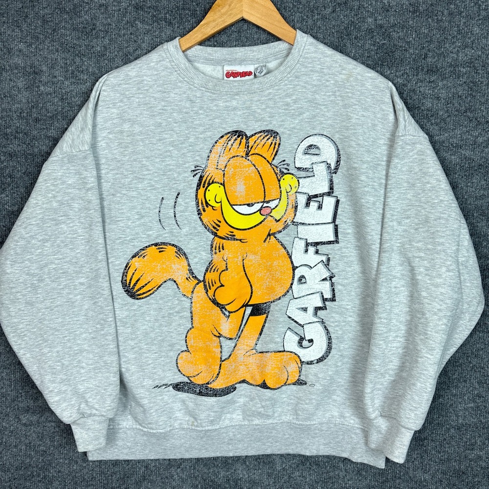 Garfield Nickelodeon Crewneck Sweatshirt Medium Gray Distressed Fleece Pullover